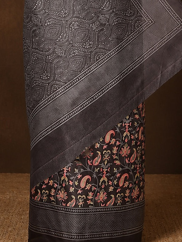 Indiehaat | Kashmiri Silk Printed Saree Dark Grey & Charcoal