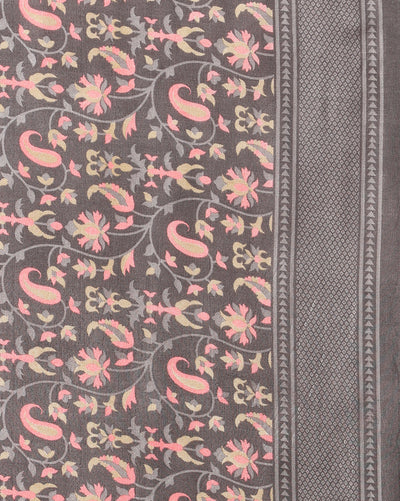 Indiehaat | Kashmiri Silk Printed Saree Dark Grey & Charcoal