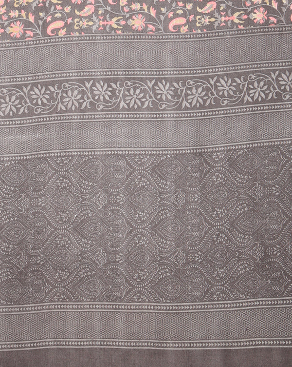 Indiehaat | Kashmiri Silk Printed Saree Dark Grey & Charcoal