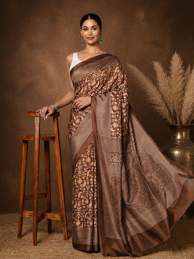 Brown Floral Paisley Printed Kashmiri Silk Saree | Silsila