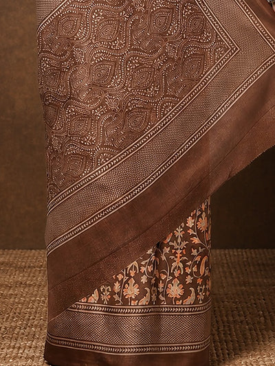 Indiehaat | Kashmiri Silk Printed Saree Brown & Dark Brown