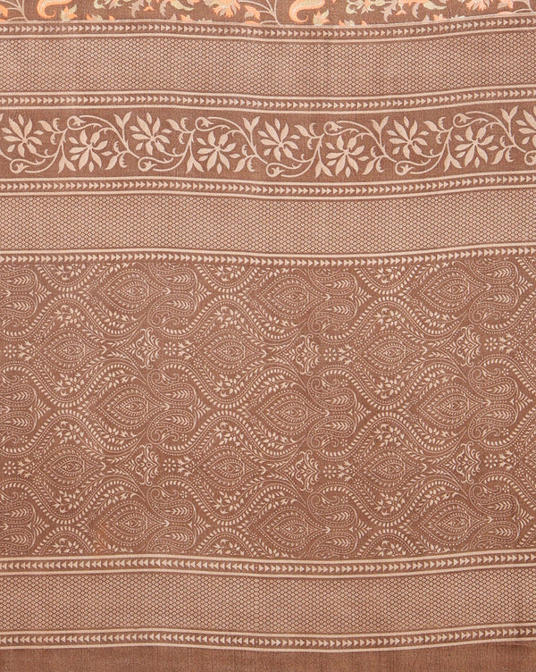Indiehaat | Kashmiri Silk Printed Saree Brown & Dark Brown