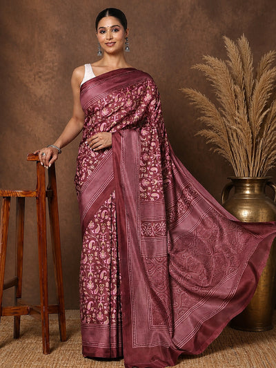 Maroon Floral Paisley Printed Kashmiri Silk Saree | Silsila