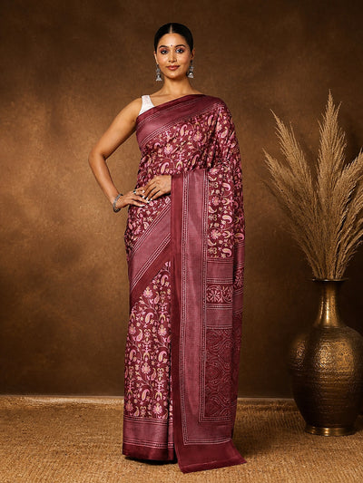 Indiehaat | Kashmiri Silk Printed Saree Maroon