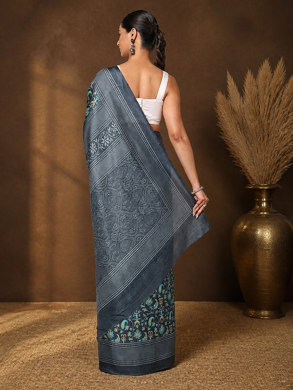 Indiehaat | Kashmiri Silk Printed Saree Charcoal Grey