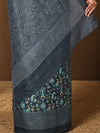 Indiehaat | Kashmiri Silk Printed Saree Charcoal Grey