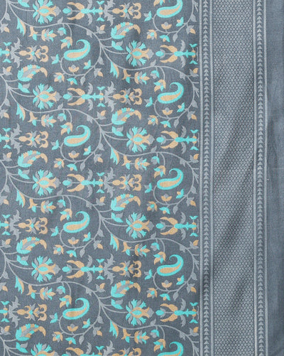 Indiehaat | Kashmiri Silk Printed Saree Charcoal Grey