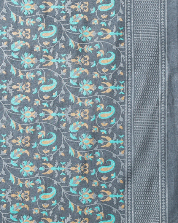 Indiehaat | Kashmiri Silk Printed Saree Charcoal Grey