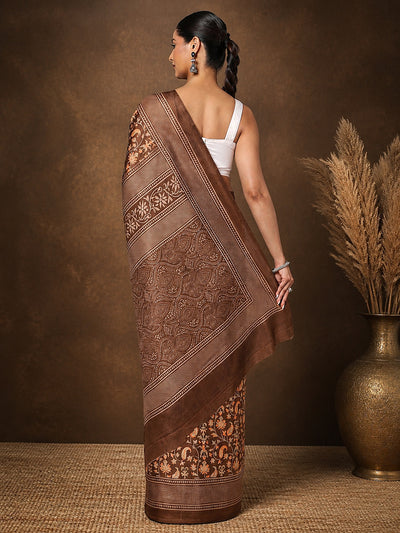 Indiehaat | Kashmiri Silk Printed Saree Brown & Dark Brown