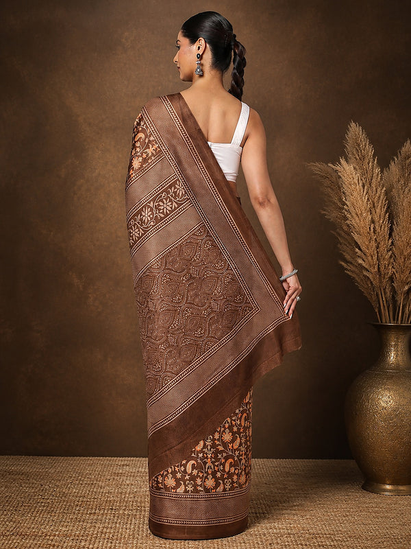 Indiehaat | Kashmiri Silk Printed Saree Brown & Dark Brown