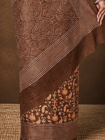 Indiehaat | Kashmiri Silk Printed Saree Brown & Dark Brown
