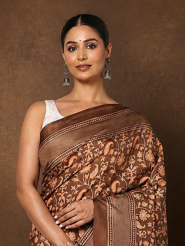 Indiehaat | Kashmiri Silk Printed Saree Brown & Dark Brown