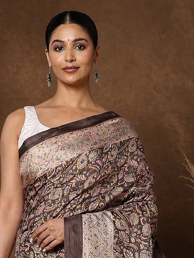 Indiehaat | Kashmiri Silk Printed Saree Dark Brown & Cream