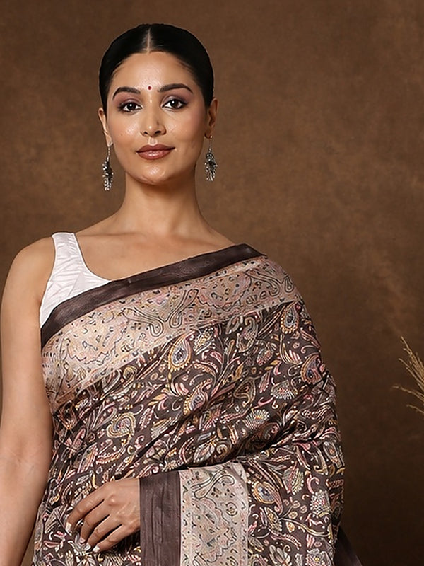 Indiehaat | Kashmiri Silk Printed Saree Dark Brown & Cream