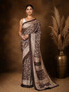 Indiehaat | Kashmiri Silk Printed Saree Dark Brown & Cream