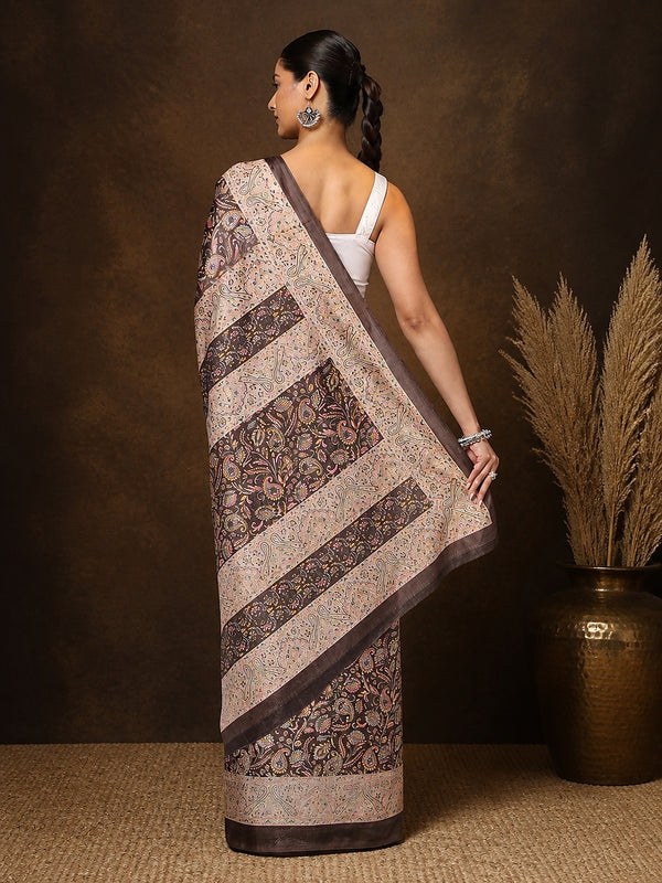 Indiehaat | Kashmiri Silk Printed Saree Dark Brown & Cream