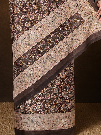 Indiehaat | Kashmiri Silk Printed Saree Dark Brown & Cream