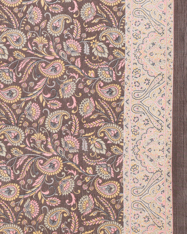 Indiehaat | Kashmiri Silk Printed Saree Dark Brown & Cream