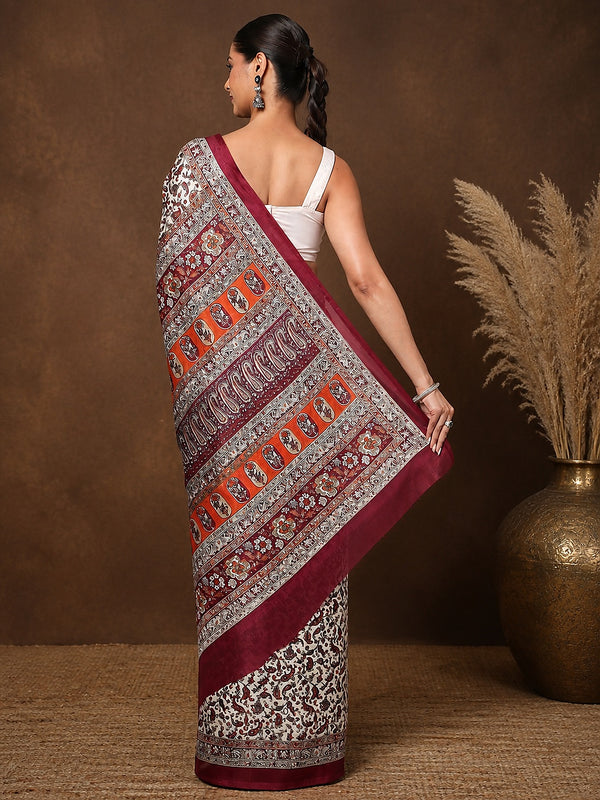 Indiehaat | Kashmiri Silk Printed Saree Off-White & Maroon