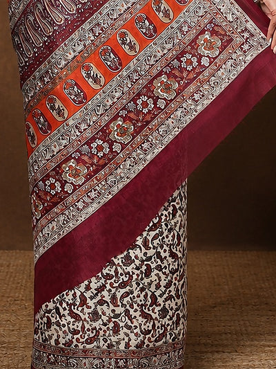 Indiehaat | Kashmiri Silk Printed Saree Off-White & Maroon