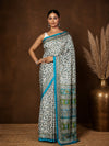 Indiehaat | Kashmiri Silk Printed Saree White & Blue
