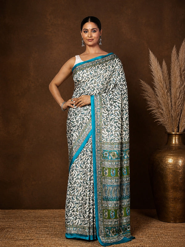 Indiehaat | Kashmiri Silk Printed Saree White & Blue
