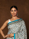 Indiehaat | Kashmiri Silk Printed Saree White & Blue