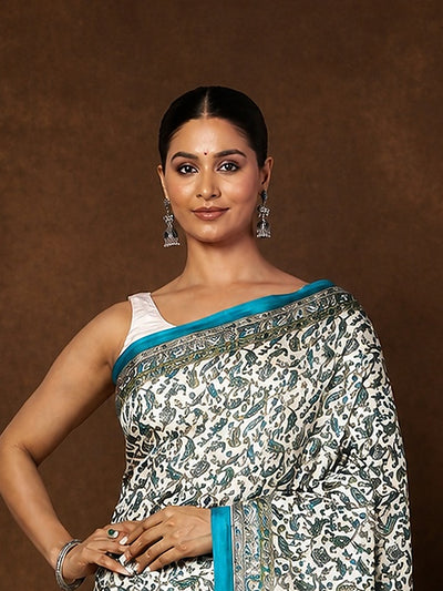 Indiehaat | Kashmiri Silk Printed Saree White & Blue