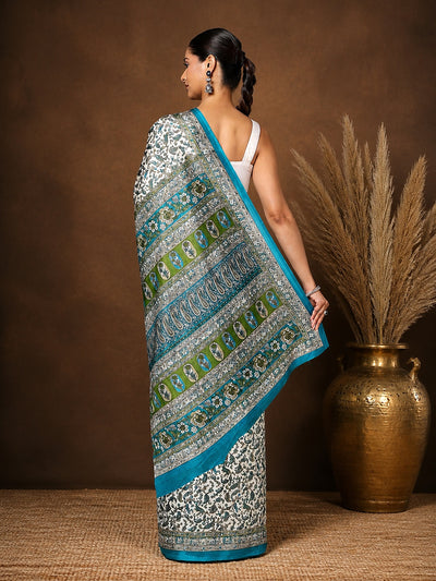 Indiehaat | Kashmiri Silk Printed Saree White & Blue