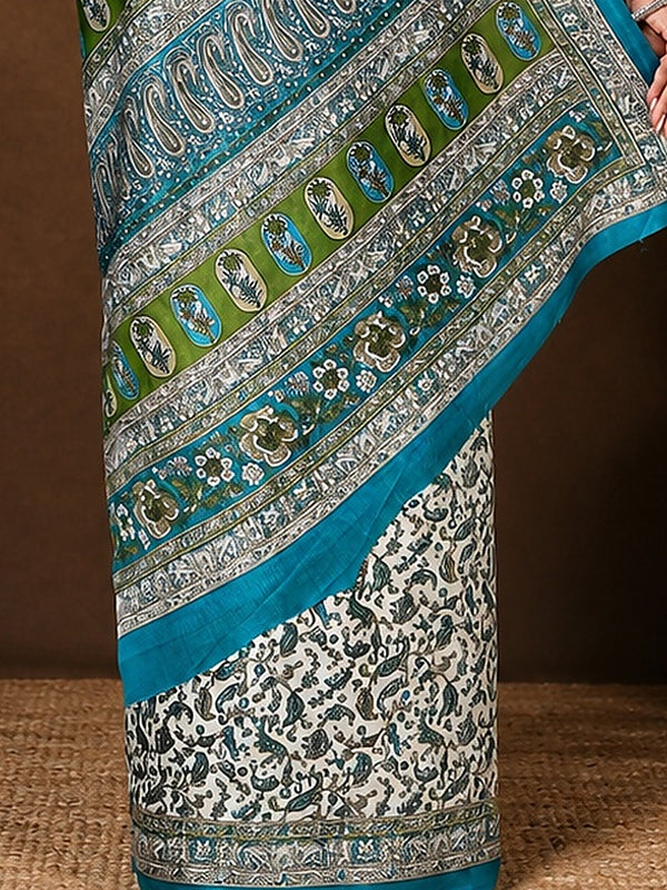 Indiehaat | Kashmiri Silk Printed Saree White & Blue