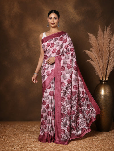 Off White and pale-pink Kashmiri Silk printed saree with an all-over botanical leaf print and an ornate deep-plum floral end-panel, finished with a solid mauve border.