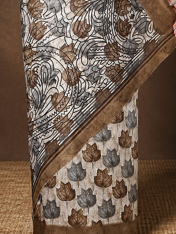 Indiehaat | Kashmiri Silk Printed Saree Beige & Brown