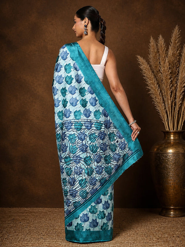 Indiehaat | Kashmiri Silk Printed Saree Light Blue & Teal