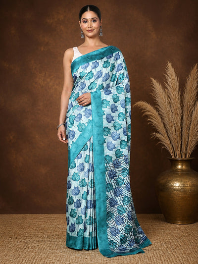 Indiehaat | Kashmiri Silk Printed Saree Light Blue & Teal
