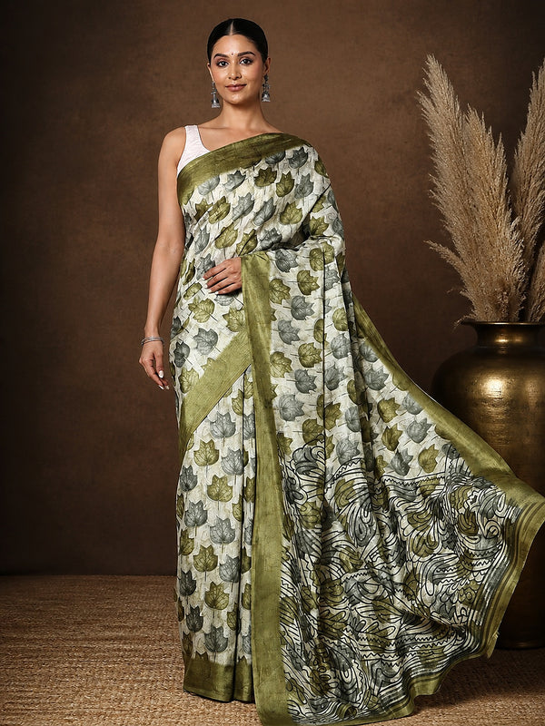 White Kashmiri Silk printed saree with a scattered olive-green and grey leaf print, a dense abstract botanical end-panel, and a wide solid olive-green border.