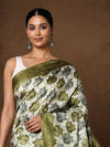 Indiehaat | Kashmiri Silk Printed Saree White & Olive Green