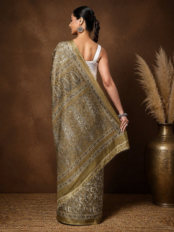 Indiehaat | Kashmiri Silk Printed Saree Olive & Brown