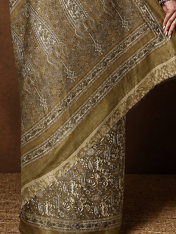 Indiehaat | Kashmiri Silk Printed Saree Olive & Brown