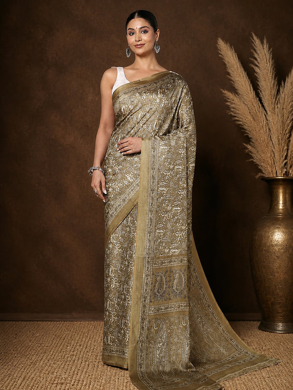 Indiehaat | Kashmiri Silk Printed Saree Olive & Brown