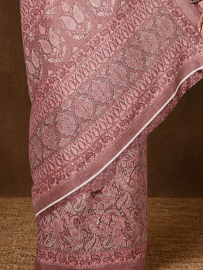 Indiehaat | Kashmiri Silk Printed Saree Dusty Rose & Mute
