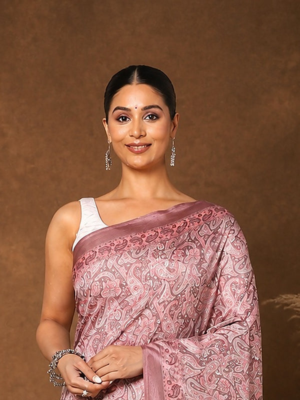 Indiehaat | Kashmiri Silk Printed Saree Dusty Rose & Mute