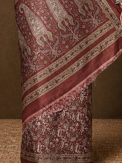 Indiehaat | Kashmiri Silk Printed Saree Maroon & Dusty Rose