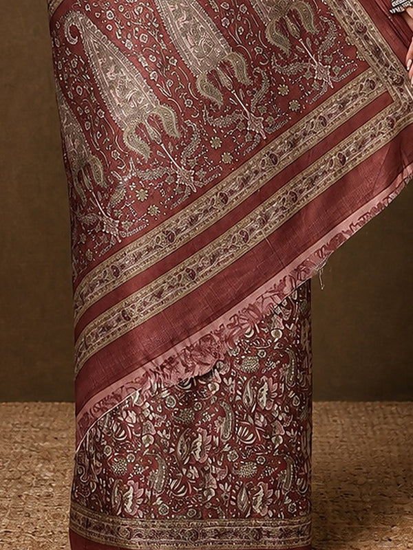 Indiehaat | Kashmiri Silk Printed Saree Maroon & Dusty Rose