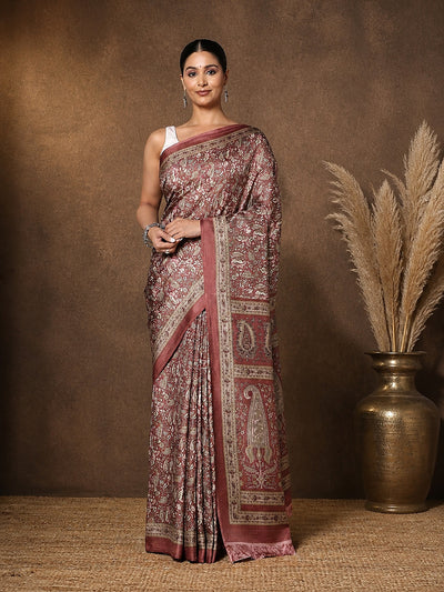 Indiehaat | Kashmiri Silk Printed Saree Maroon & Dusty Rose