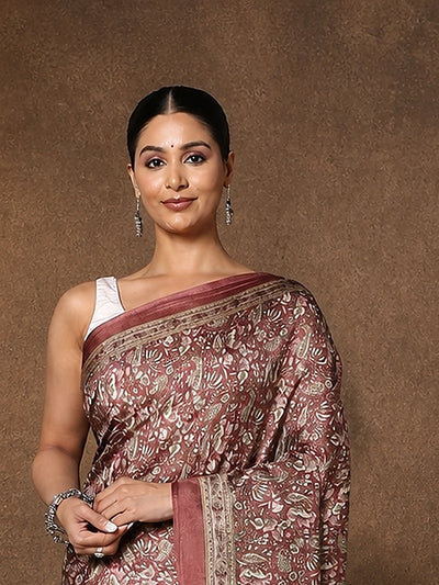 Indiehaat | Kashmiri Silk Printed Saree Maroon & Dusty Rose