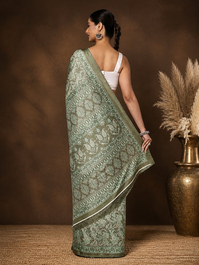Indiehaat | Kashmiri Silk Printed Saree Sage Green & Ligh