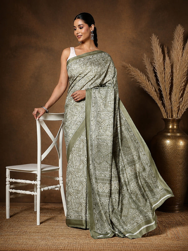 Olive green Kashmiri Silk printed saree with an all-over fine paisley and geometric print and a narrow solid olive-green border.