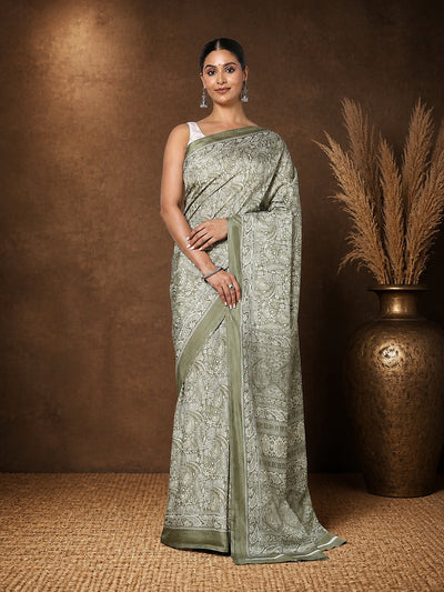 Indiehaat | Kashmiri Silk Printed Saree Olive Green & Pal