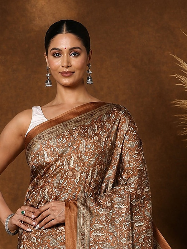 Indiehaat | Kashmiri Silk Printed Saree Brown & Bronze