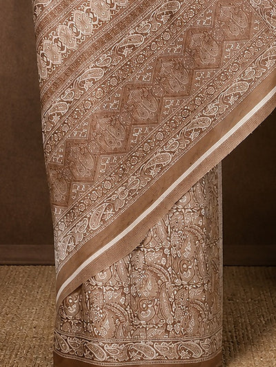 Indiehaat | Kashmiri Silk Printed Saree Light Brown & Beige